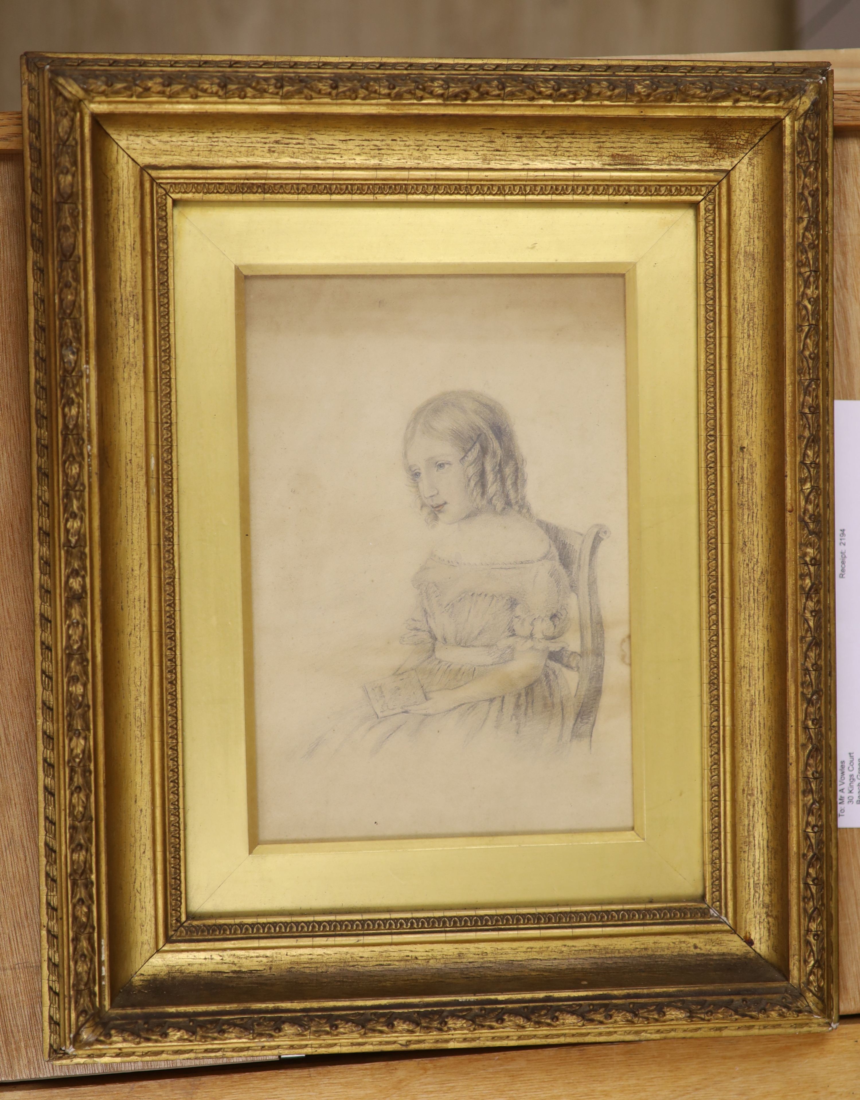 Miss Laurie (19thC), pencil on paper, Portrait of Caroline Chase Powell, label verso, 26 x 18cm